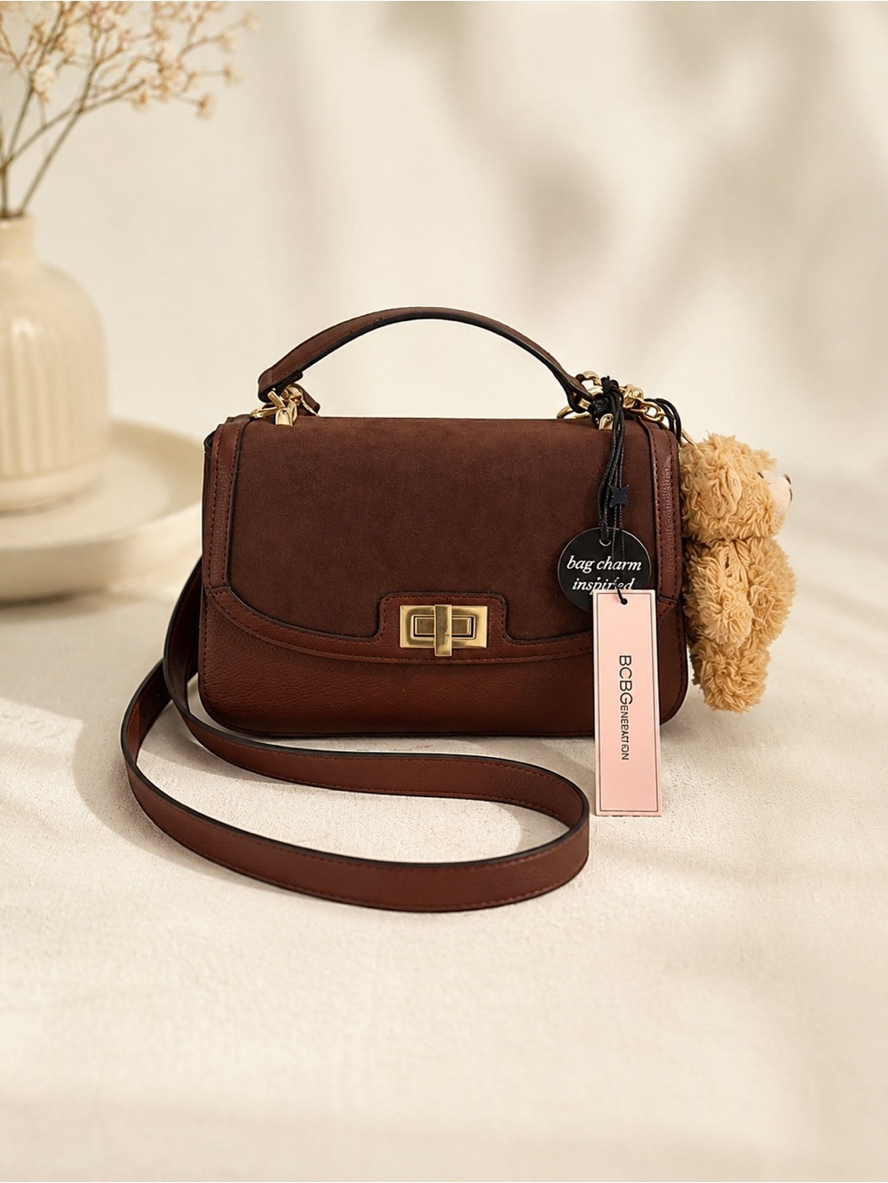 BCBGeneration Chocolate Brown Teddy Bear Charm Top Handle Crossbody Bag